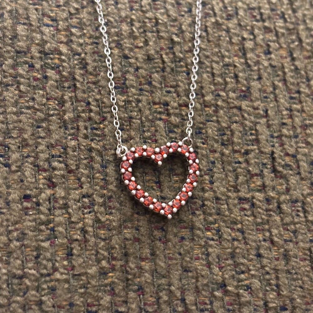 PAJ 925 Sterling Silver Red Stone Open Heart Pendant Necklace 17"
